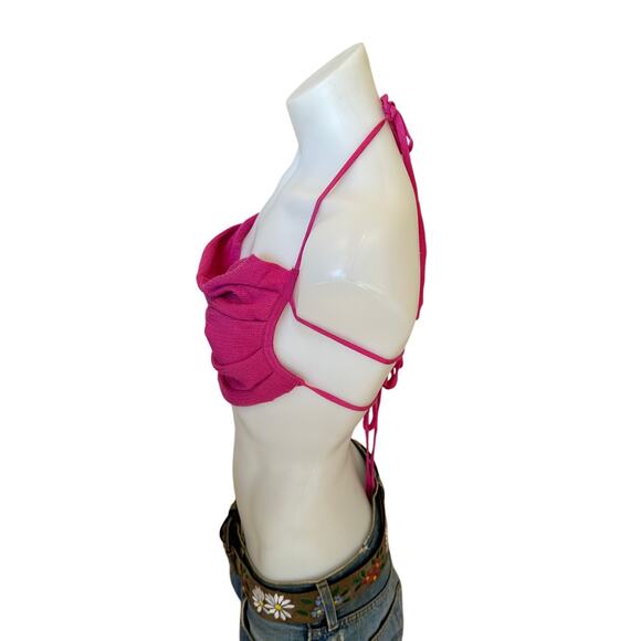 Lovers + Friends Pink Halter Top XS Crochet Festival Crop Cowl Revolve $118 NEW - Picture 5 of 7